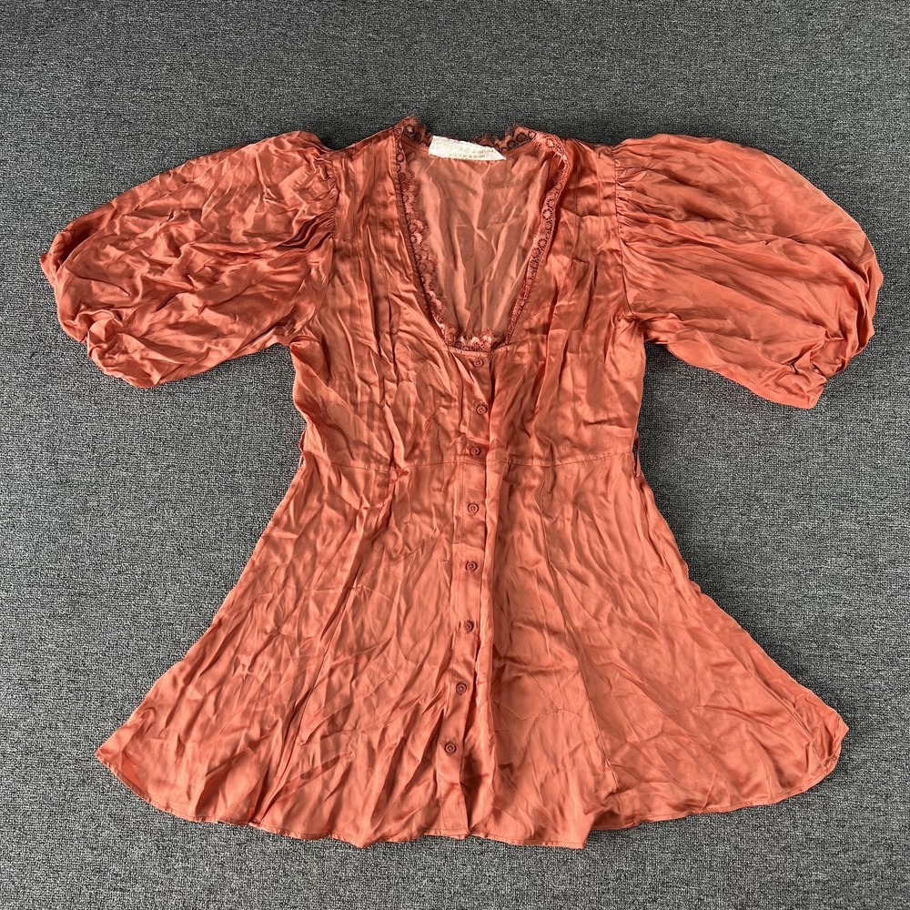 Jens Pirate Booty Dress Womens Medium Orange Puff Sleeve Button Sundress